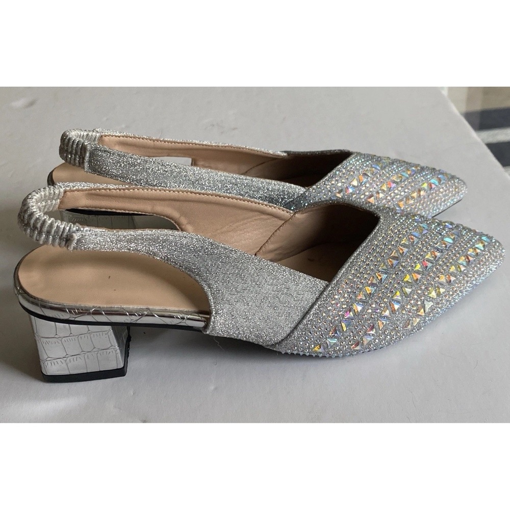 Slingback Pointed Toe Pump Sz‎ 40 9.5 Block Heel Silver Glitter